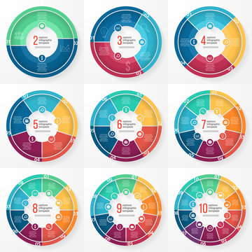 Vector Business Pie Chart Templates Set For Graphs, Charts, Diagrams. Business Circle Infographic Concept With Options, Parts, Steps, Processes.