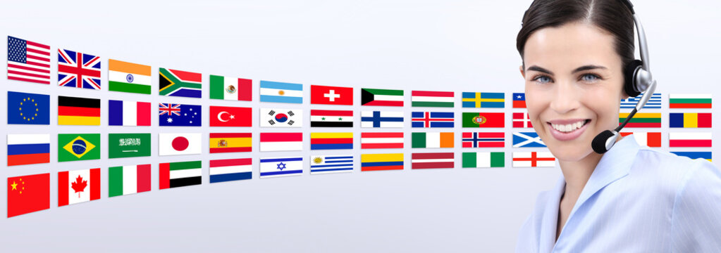 global contact us, customer service operator woman with headset smiling