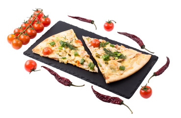 cherry pizza pieces with ham and cheese on