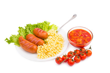 Vegetables, sausages, greens