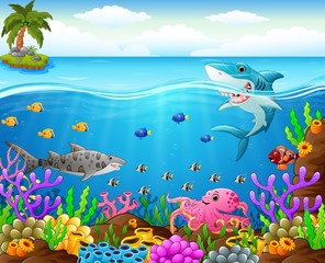 Naklejka na ściany i meble Cartoon shark under the sea