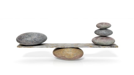3D rendering of balancing stones on wooden plank, isolated on white background