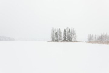 Blizzard winter landscape at frozen lake