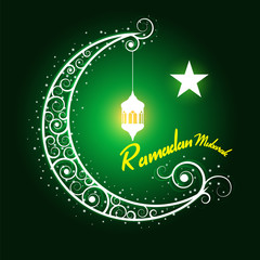 Ramadan mubarak - hanging lamps on moon and star on Green background vector design