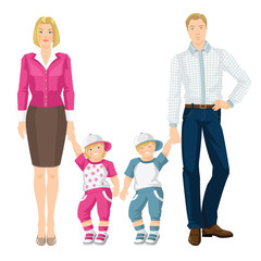 Fototapeta premium Vector illustration of family isolated on white background. Little boy and little girl with their parents.