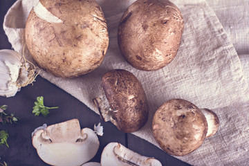 Fresh mushrooms with spices and herbs on a black board.Champignon mushrooms