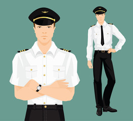 Vector illustration of pilot in formal clothes on color background.