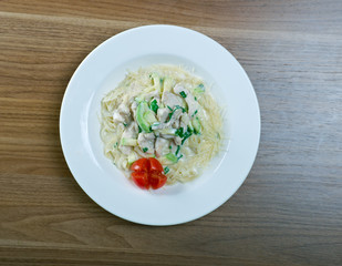 Fettuccine with salmon .