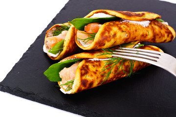 Pancake Rolls with Salmon Fried, Goat Cheese, Fennel and Wild Ga