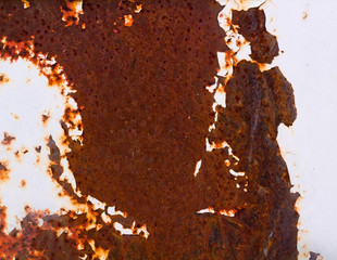 The surface of rusty iron with remnants of white paint. Background