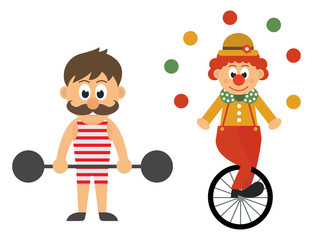 strong man with barbell and bike and clown 
