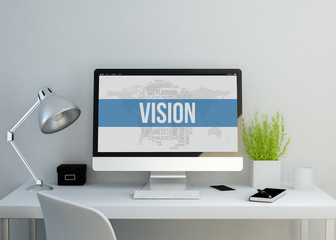 modern clean workspace with vision keyworkd on screen