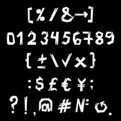 broken numbers, currency icons with cracks. Abstract shift cut out by scissors signs. Art and craft design. Capital letters of currency. Vector illustration.