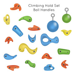 Training set. Colorful climbing grips, climbing holds, crimps, jugs, incuts, pinches, slopers, ball handles for bouldering and climbing wall. Isolated on white. vector illustration