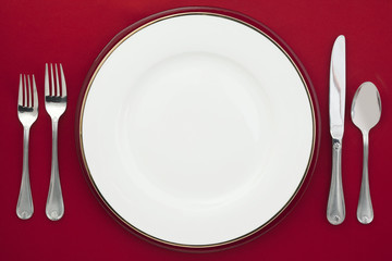 plate with fork, spoon and knife for dinner