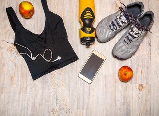 Sports equipment on wooden background