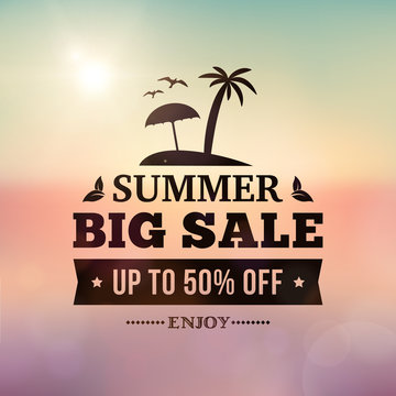 Summer sales business adverisement sigm on blurred background