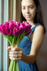 Beautiful women express emotions with light floral morning.