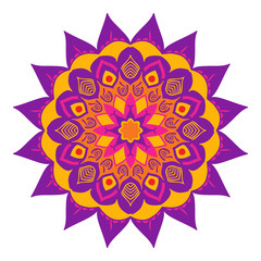 Mandala of colored traditional Indian elements lilac yellow gamma.