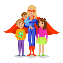 Cartoon superhero woman in red cape, mother superhero