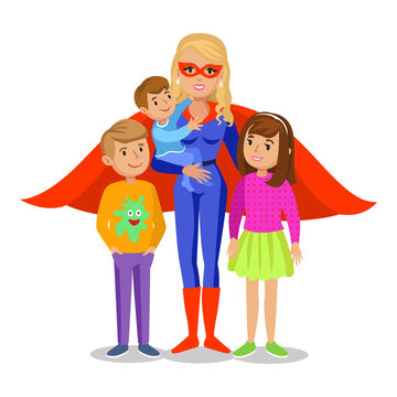 Cartoon superhero woman in red cape, mother superhero
