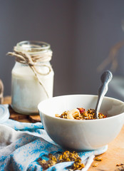 granola with cashews and banana with vegan milk, breakfast