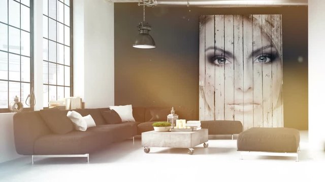  living room loft interior with leaks and particals. 3d rendering