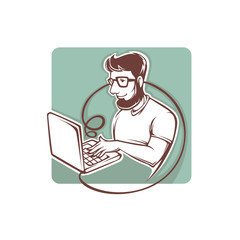 handsome modern and creative man working on laptop, vector backg