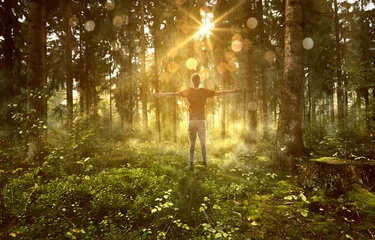 Selbstklebende Fototapeten Mann genießt Sonne in nebligem Wald © lassedesignen