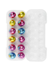 top view of chocolate easter eggs in a tray.
