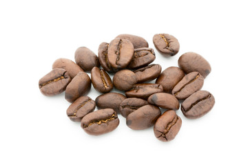 Coffee grains and leaves isolated on the white backgrounds.