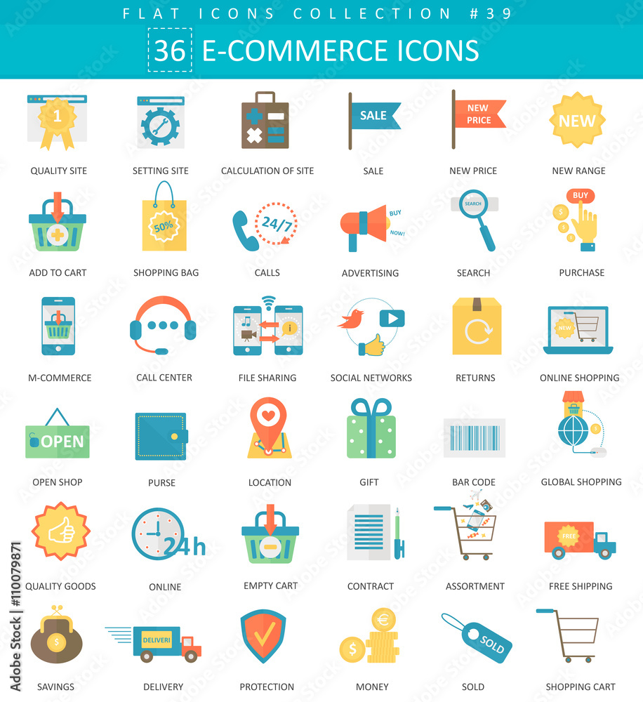 Poster Vector e-commerce color flat icon set. Elegant style design.