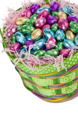 foil wrapped chocolate eggs on a basket