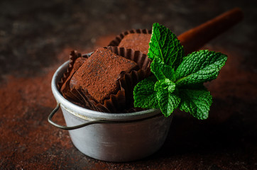 Mint chocolate truffles in vintage cup on dark background. Selective focus. Toned image