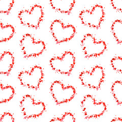 Hearts contours made up of little pink hearts on white, seamless pattern