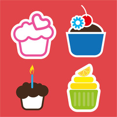 A set of four colored cakes, with heart, lemon and candle in outlines, over a red background, digital vector image