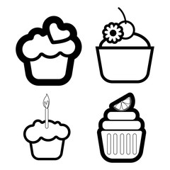 A set of four cakes, with heart, lemon and candle in outlines, over a white background, digital vector image