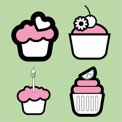 A set of four colored cakes, with heart, lemon and candle in outlines, over a green background, digital vector image