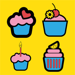 A set of four colored cakes, with heart, lemon and candle in outlines, over a yellow background, digital vector image
