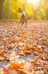 Beautiful young woman playing with her Dog in the forest