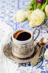 Obraz na płótnie Canvas turkish coffee cup with locum on ornament background. selective focus