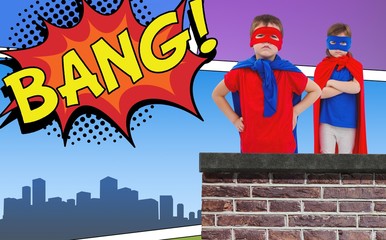 Composite image of masked kids pretending to be superheroes