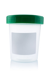 Plastic container blank for analysis with a reflection on a white background