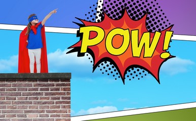 Composite image of masked girl pretending to be superhero