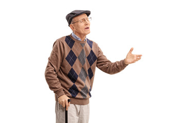 Displeased senior arguing with someone