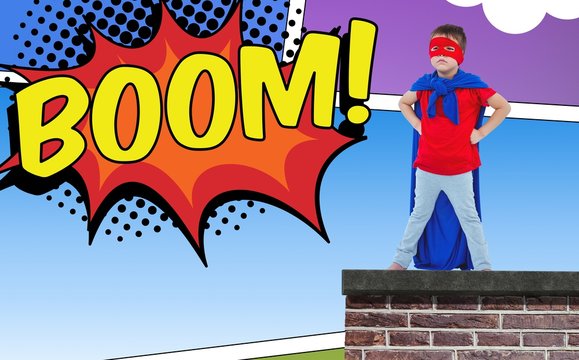 Composite image of masked boy pretending to be superhero