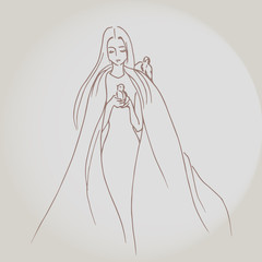 Women with cover and 2 birds line art illustration.