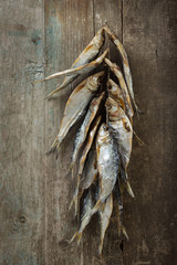 Dried fish on boards