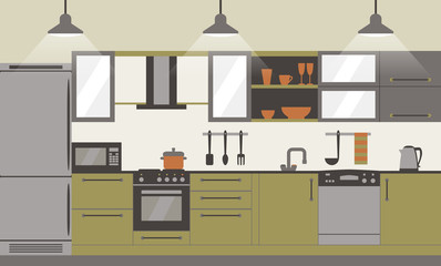 Modern kitchen interior flat design.