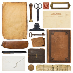 collection of old paper items, vintage office/writing supplies and other antique objects - perfect for scrapbooking projects or mock-ups